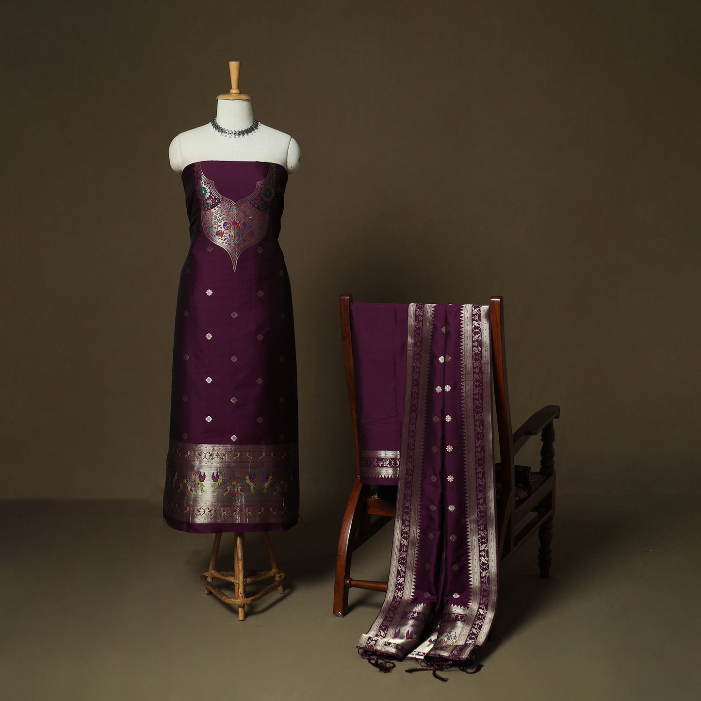 Purple - Bangalore Silk Paithani Weave 3pc Unstitched Dress Material Suit Set 03