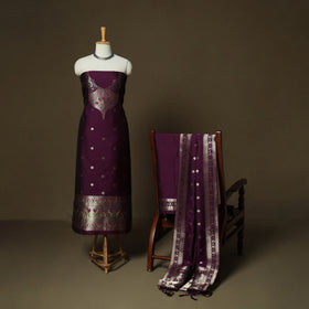 Purple - Bangalore Silk Paithani Weave 3pc Unstitched Dress Material Suit Set 03