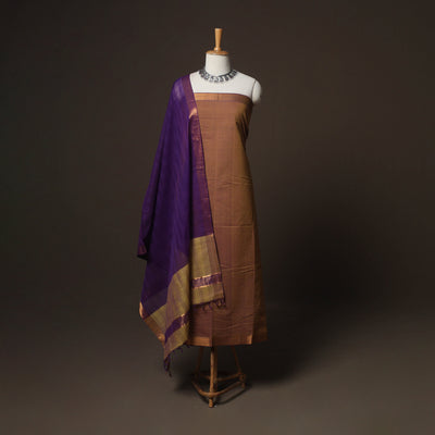 Brown - Mangalagiri Handloom Cotton 3pc Unstitched Dress Material Suit Set 23