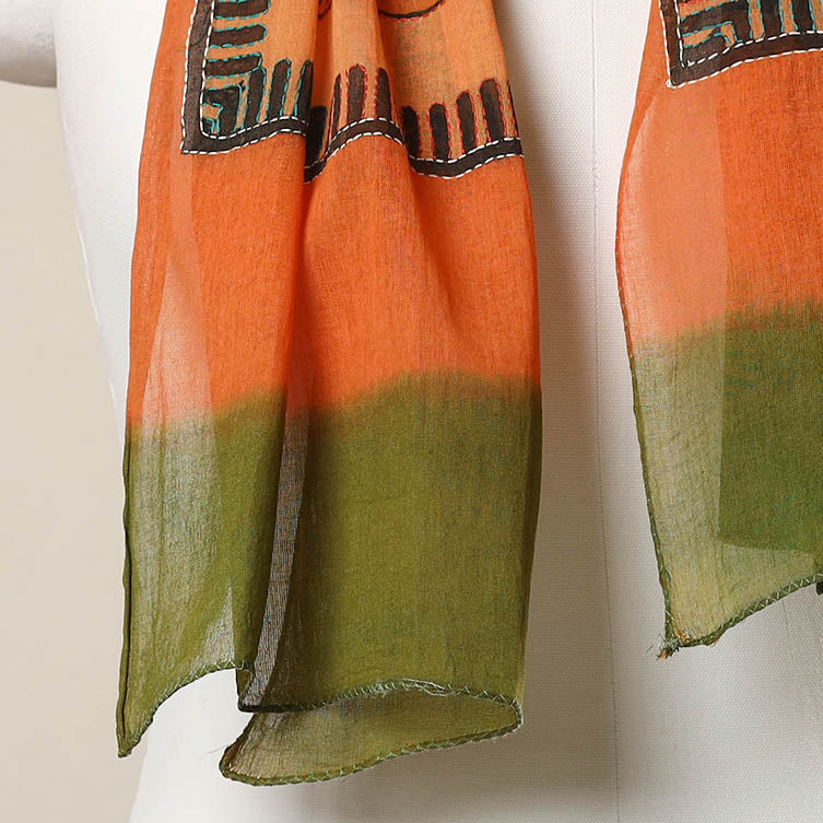 Orange - Bengal Kantha Hand Embroidery Silk Block Print Handloom Stole 15