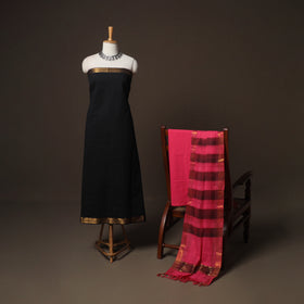 Black - Mangalagiri Handloom Cotton 3pc Unstitched Dress Material Suit Set 24