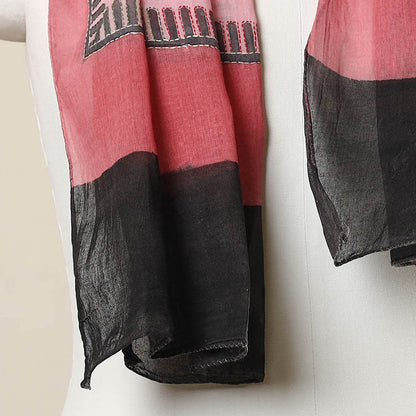Pink - Bengal Kantha Hand Embroidery Silk Block Print Handloom Stole 16