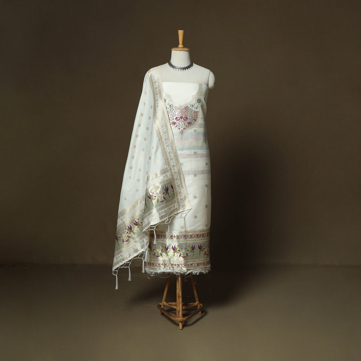 White - Bangalore Silk Paithani Weave 3pc Unstitched Dress Material Suit Set 04