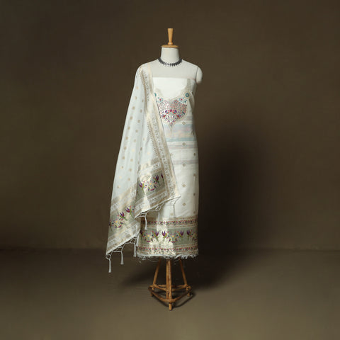 White - Bangalore Silk Paithani Weave 3pc Unstitched Dress Material Suit Set 04