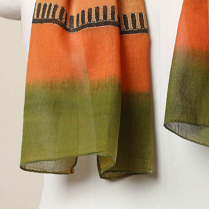 Orange - Bengal Kantha Hand Embroidery Silk Block Print Handloom Stole 17
