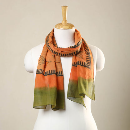 Orange - Bengal Kantha Hand Embroidery Silk Block Print Handloom Stole 17
