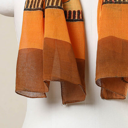 Orange - Bengal Kantha Hand Embroidery Silk Block Print Handloom Stole 18
