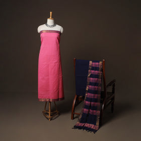 Pink - Mangalagiri Handloom Cotton 3pc Unstitched Dress Material Suit Set 25
