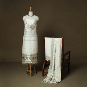 White - Bangalore Silk Paithani Weave 3pc Unstitched Dress Material Suit Set 04