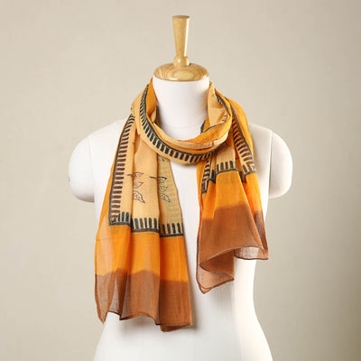 Orange - Bengal Kantha Hand Embroidery Silk Block Print Handloom Stole 19