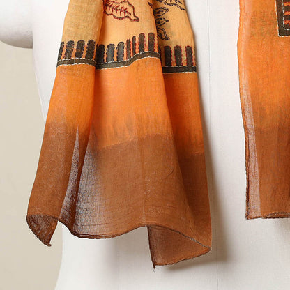 Orange - Bengal Kantha Hand Embroidery Silk Block Print Handloom Stole 20