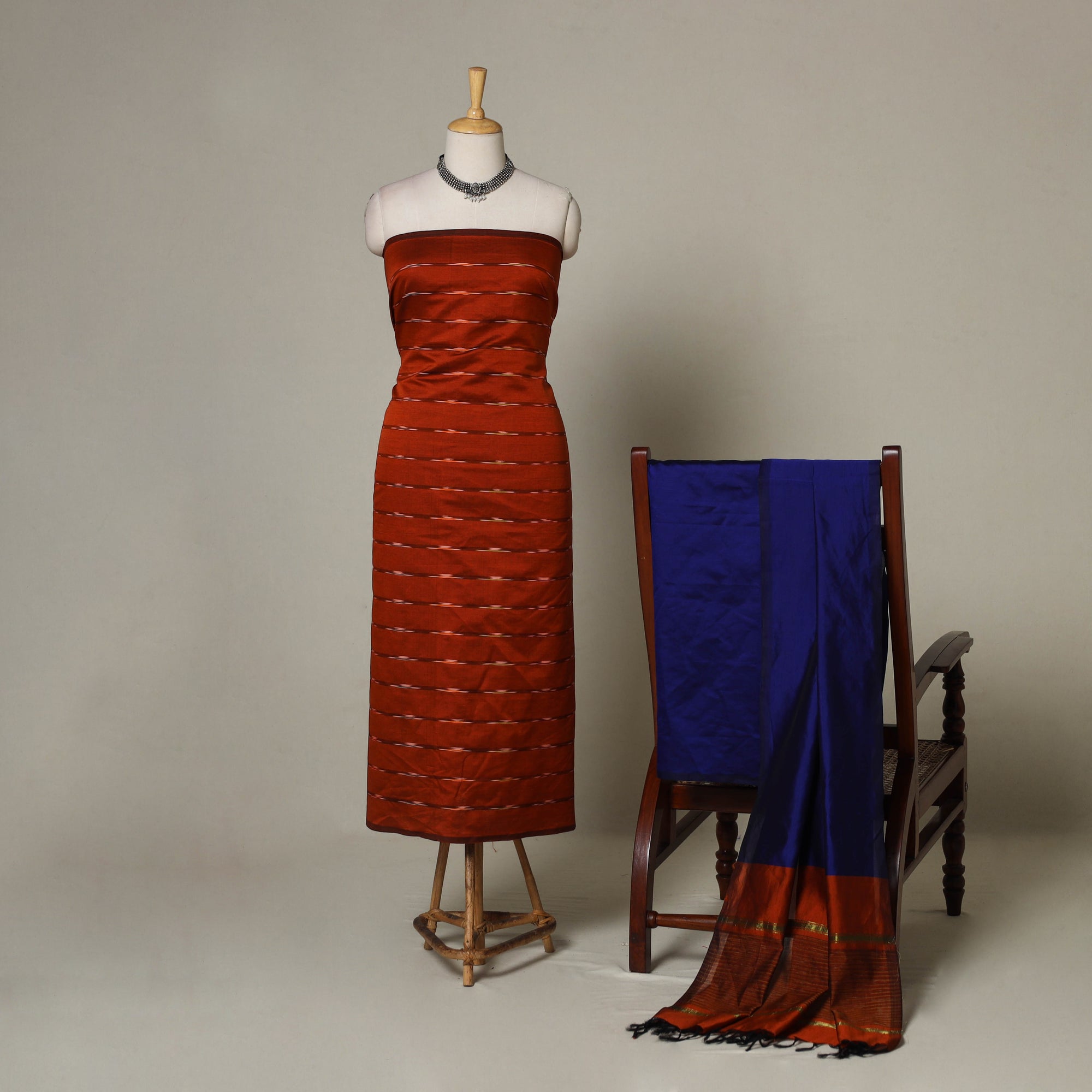 Red 3pc Handloom Silk Cotton Unstitched Pochampally Ikat Dress - Main Image
