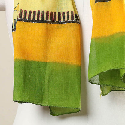 Yellow - Bengal Kantha Hand Embroidery Silk Block Print Handloom Stole 21