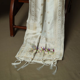 White - Bangalore Silk Paithani Weave 3pc Unstitched Dress Material Suit Set 04