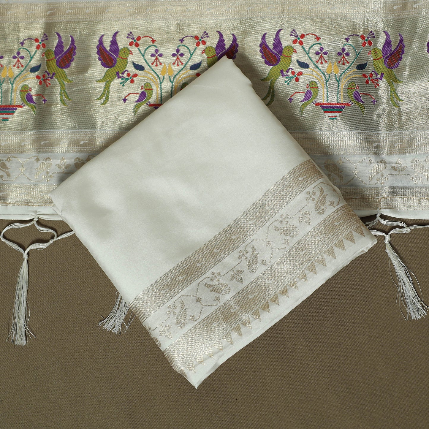 White - Bangalore Silk Paithani Weave 3pc Unstitched Dress Material Suit Set 04