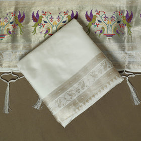 White - Bangalore Silk Paithani Weave 3pc Unstitched Dress Material Suit Set 04