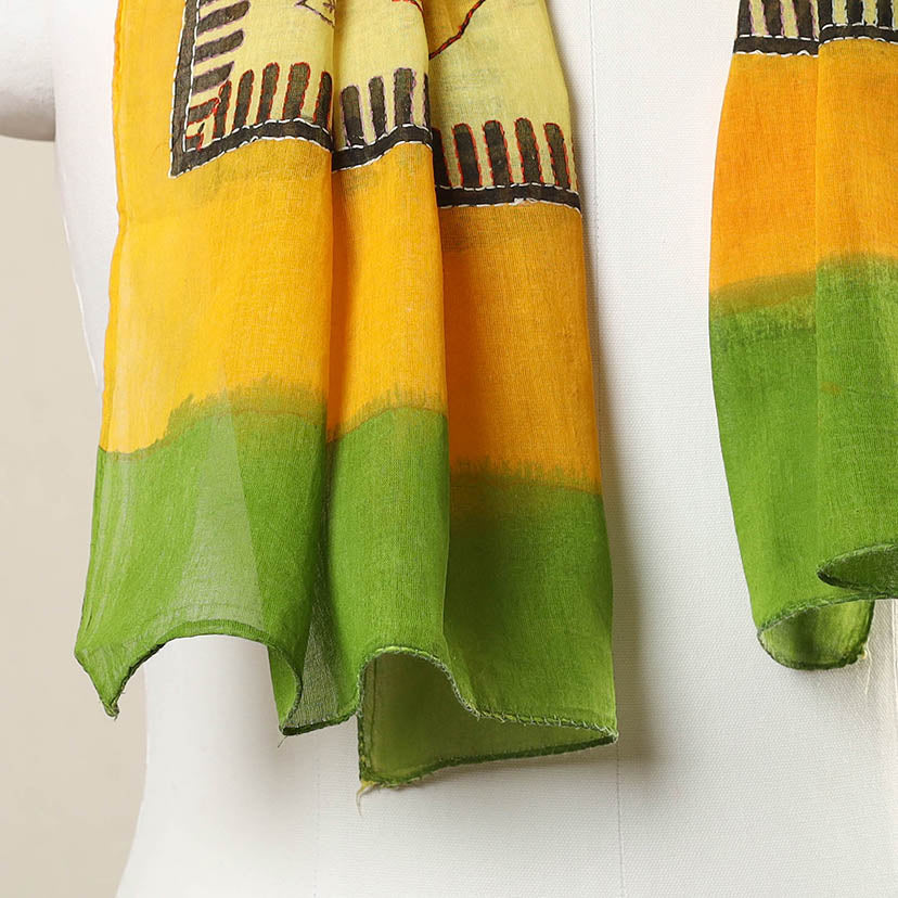Orange - Bengal Kantha Hand Embroidery Silk Block Print Handloom Stole 22