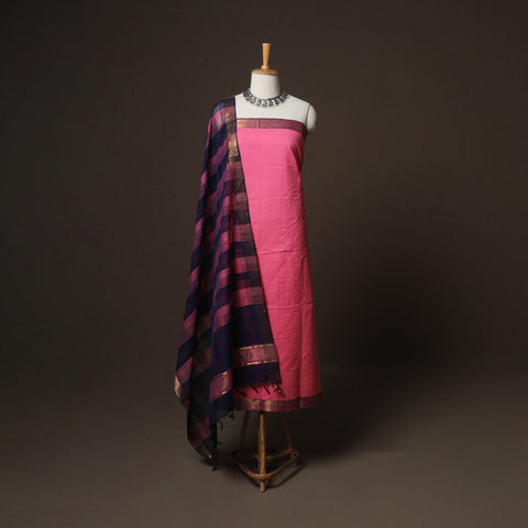 Pink - Mangalagiri Handloom Cotton 3pc Unstitched Dress Material Suit Set 25