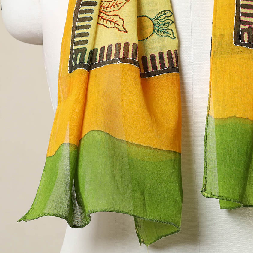 Yellow - Bengal Kantha Hand Embroidery Silk Block Print Handloom Stole 23