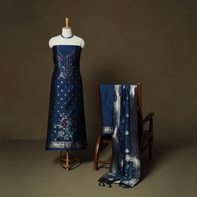 Blue - Bangalore Silk Paithani Weave 3pc Unstitched Dress Material Suit Set 05