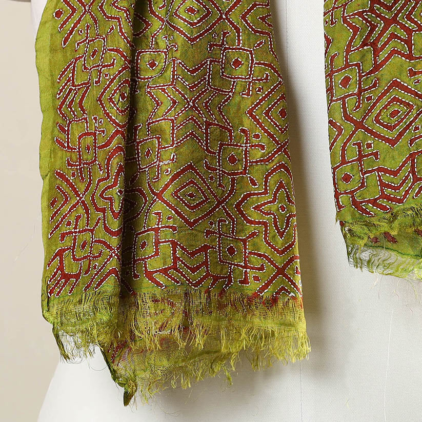 Green - Bengal Kantha Hand Embroidery Tussar Block Print Handloom Stole 26