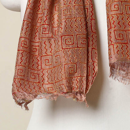 Brown - Bengal Kantha Hand Embroidery Tussar Block Print Handloom Stole 27