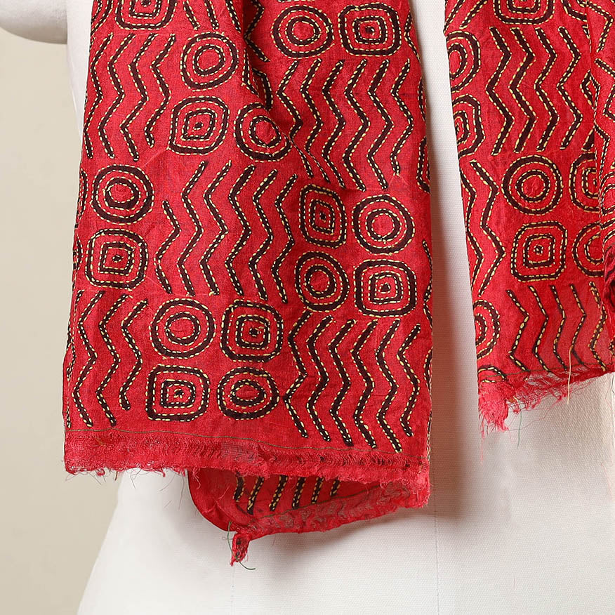 Red - Bengal Kantha Hand Embroidery Tussar Block Print Handloom Stole 28