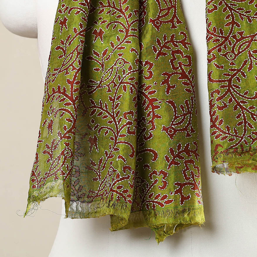 Green - Bengal Kantha Hand Embroidery Tussar Block Print Handloom Stole 29