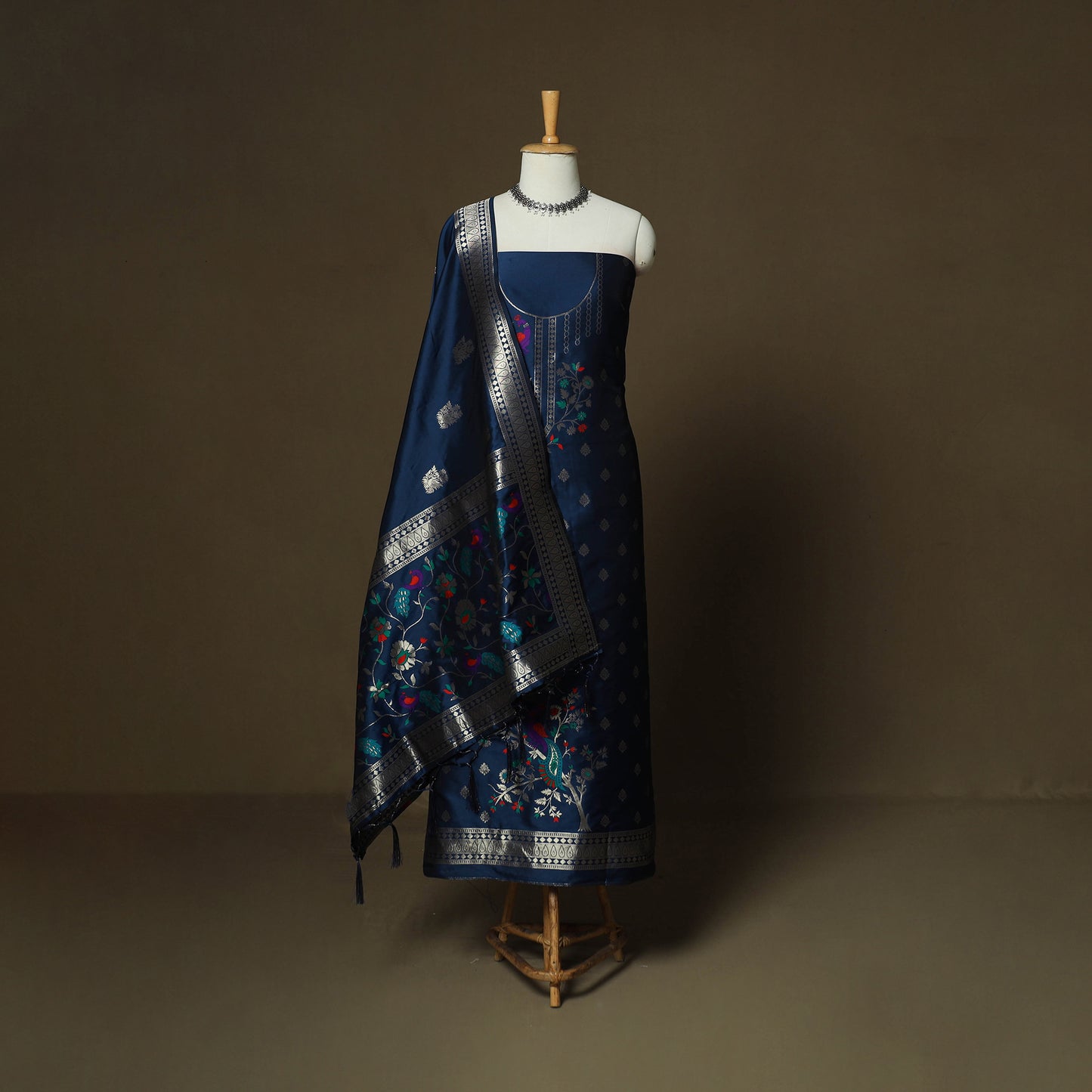 Blue - Bangalore Silk Paithani Weave 3pc Unstitched Dress Material Suit Set 05