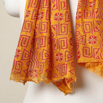 Orange - Bengal Kantha Hand Embroidery Tussar Block Print Handloom Stole 31