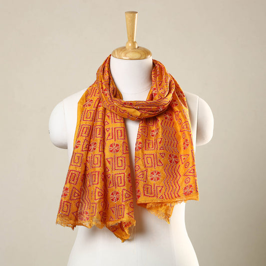 Orange - Bengal Kantha Hand Embroidery Tussar Block Print Handloom Stole 31