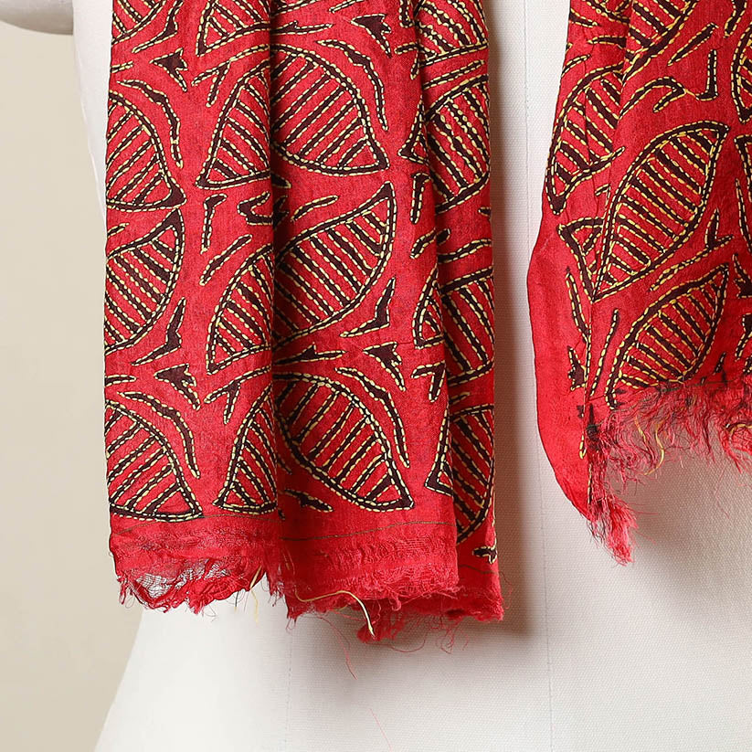 Red - Bengal Kantha Hand Embroidery Tussar Block Print Handloom Stole 32