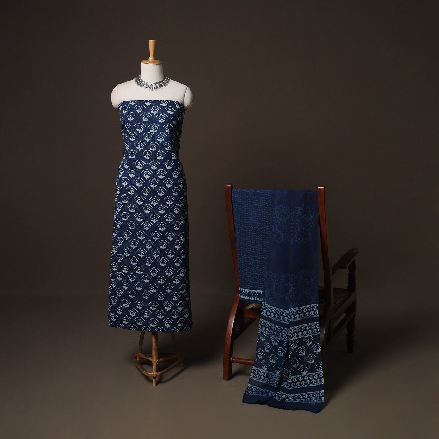 Indigo Bagru Hand Block Print Cotton 3pc Unstitched Dress Material Suit Set 27