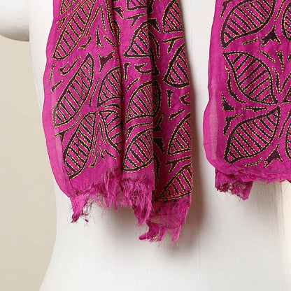 Pink - Bengal Kantha Hand Embroidery Tussar Block Print Handloom Stole 34