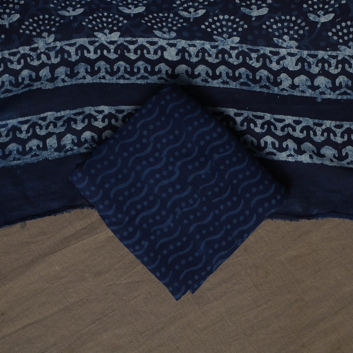 Indigo Bagru Hand Block Print Cotton 3pc Unstitched Dress Material Suit Set 27