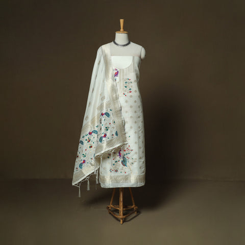White - Bangalore Silk Paithani Weave 3pc Unstitched Dress Material Suit Set 06