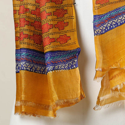 Beige - Bengal Kantha Hand Embroidery Tussar Block Print Handloom Stole 37