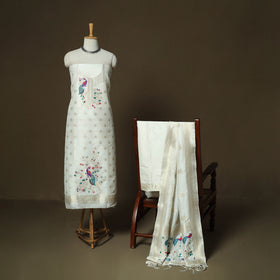 White - Bangalore Silk Paithani Weave 3pc Unstitched Dress Material Suit Set 06