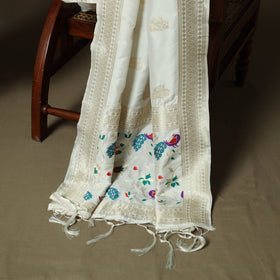 White - Bangalore Silk Paithani Weave 3pc Unstitched Dress Material Suit Set 06