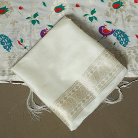 White - Bangalore Silk Paithani Weave 3pc Unstitched Dress Material Suit Set 06