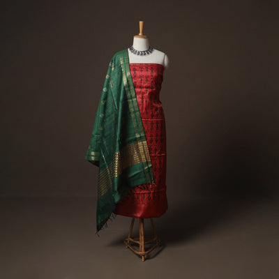 Red - Godna Handpainted Tussar Silk Handloom 2pc Unstitched Dress Material Kurta Set 26