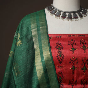 Red - Godna Handpainted Tussar Silk Handloom 2pc Unstitched Dress Material Kurta Set 26