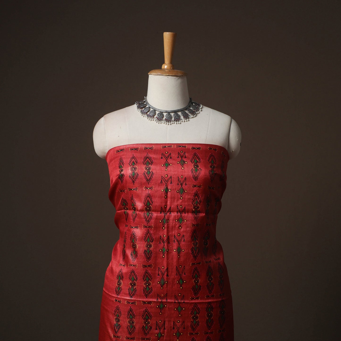 Red - Godna Handpainted Tussar Silk Handloom 2pc Unstitched Dress Material Kurta Set 26