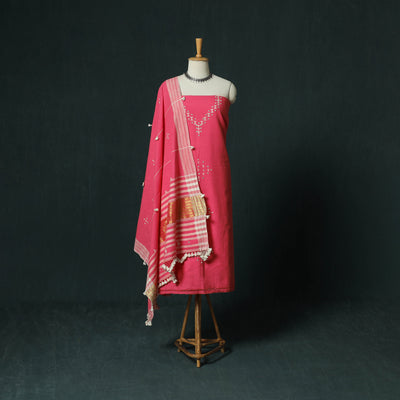 Pink - Kutch Bhujodi Handloom Kala Cotton 3pc Unstitched Dress Material Suit Set 07