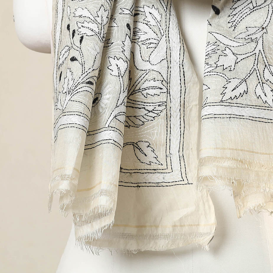 Beige - Exclusive! Bengal Nakshi Kantha Hand Embroidery Desi Tussar Handloom Stole 51