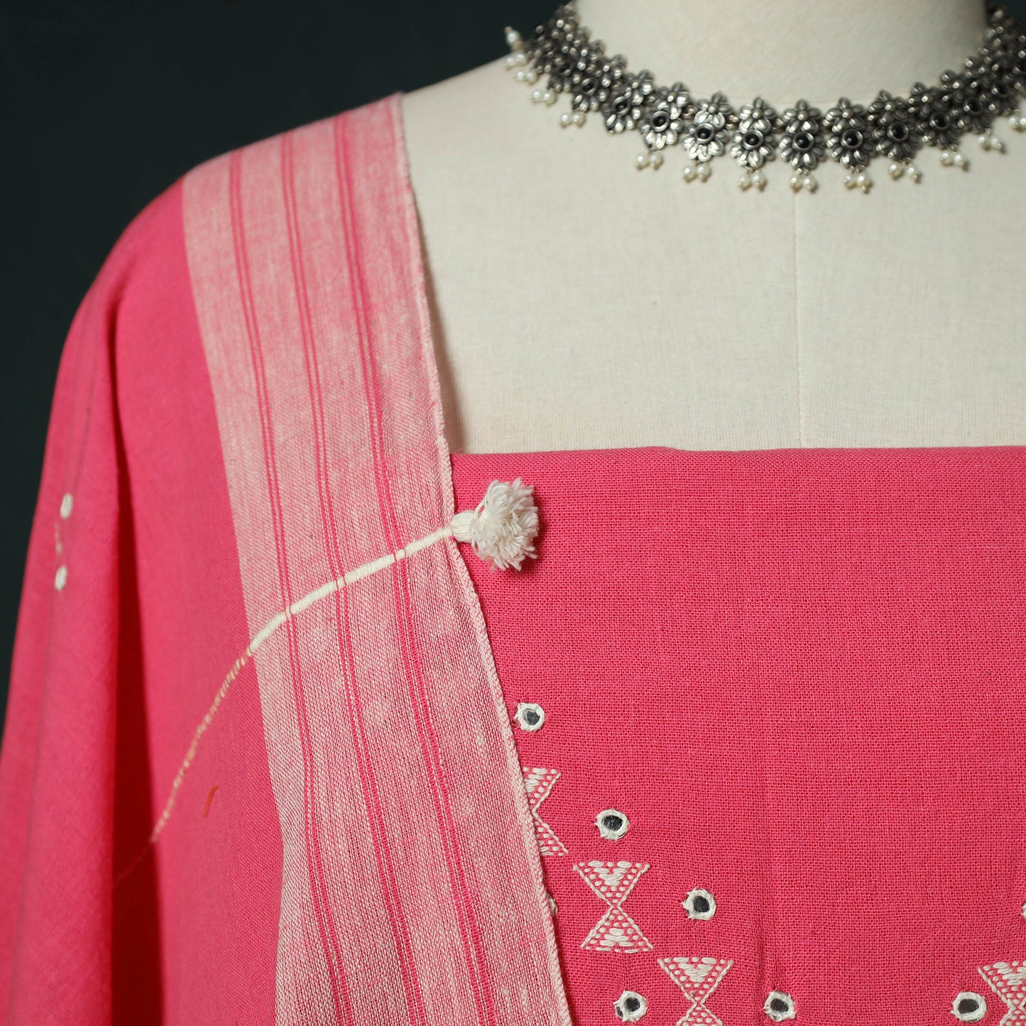 Pink - Kutch Bhujodi Handloom Kala Cotton 3pc Unstitched Dress Material Suit Set 07