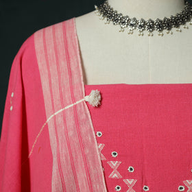 Pink - Kutch Bhujodi Handloom Kala Cotton 3pc Unstitched Dress Material Suit Set 07