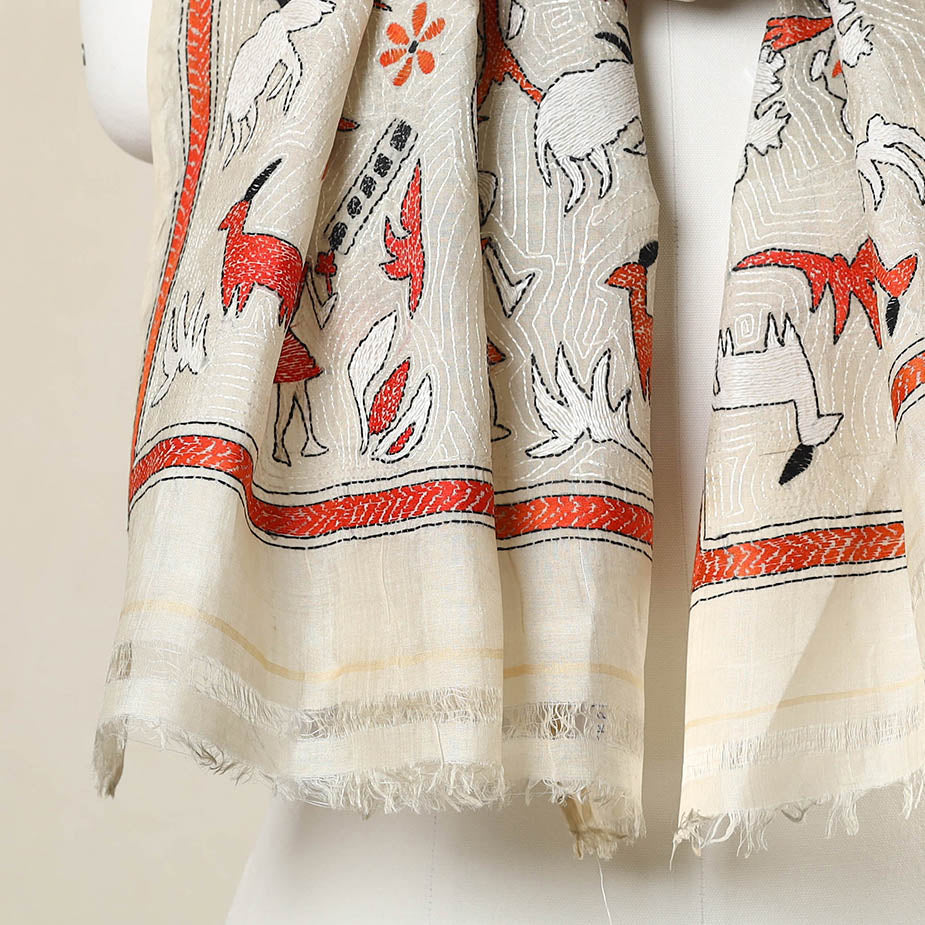 Beige - Exclusive! Bengal Nakshi Kantha Hand Embroidery Desi Tussar Handloom Stole 53