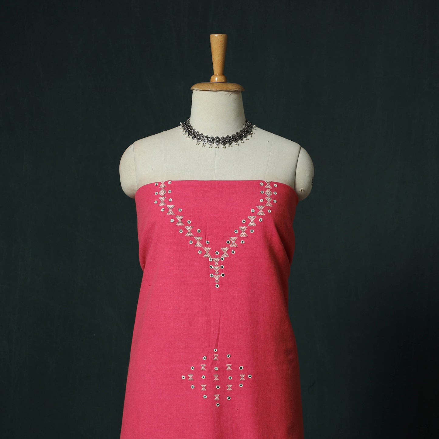 Pink - Kutch Bhujodi Handloom Kala Cotton 3pc Unstitched Dress Material Suit Set 07