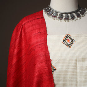 White - Godna Handpainted Tussar Silk Handloom 2pc Unstitched Dress Material Kurta Set 27